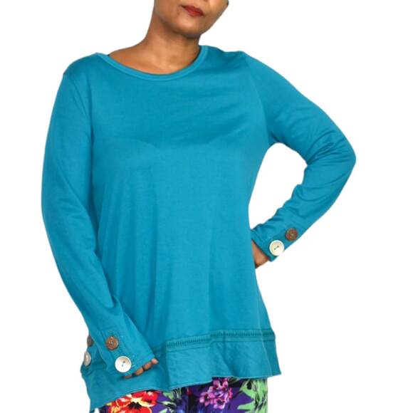 Soft Surroundings Callie Top Blue Turquoise Artsy Buttons Tunic Pullover Medium - Picture 8 of 13